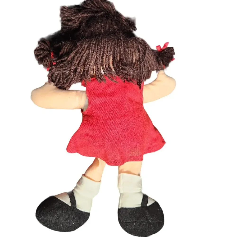 ​Vintage Lillian Vernon Rag Doll Brown Yarn Hair Red Dress Heart Pocket Soft Toy